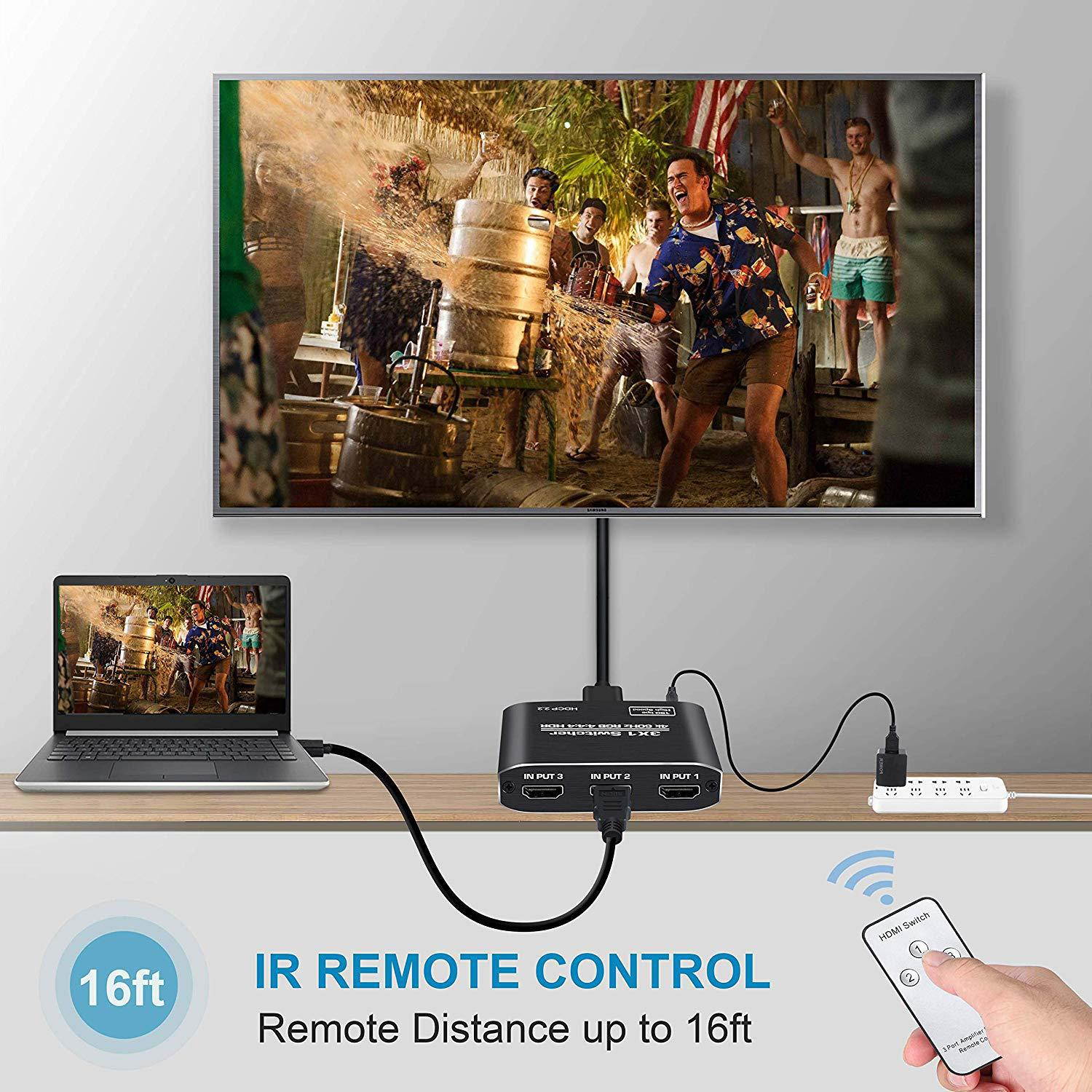 HDMI 2.0 Switch 3 Input 1 Output Switch HD 4Kx2K@60HZ HDR, 3D 1080P Remote/Manual switching for Xbox,PS4 Nintendo Switch/Wii,Beamer,DVB receiver,Blu-ray,DVD players,Apple TV,Roku Stick/Fire Stick,PC