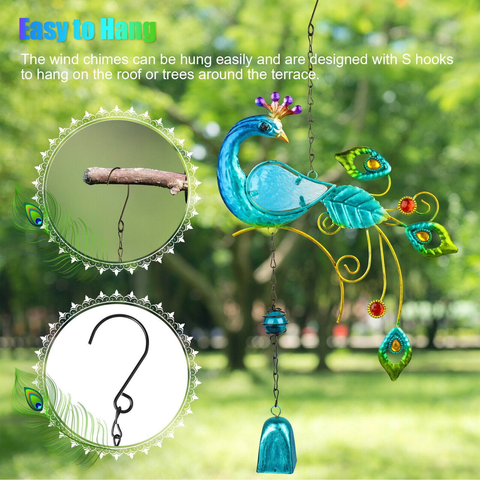 1/2Pcs Garden Peacock Wind Chimes Outdoor Hanging Iron Bell Decor Home Ornament