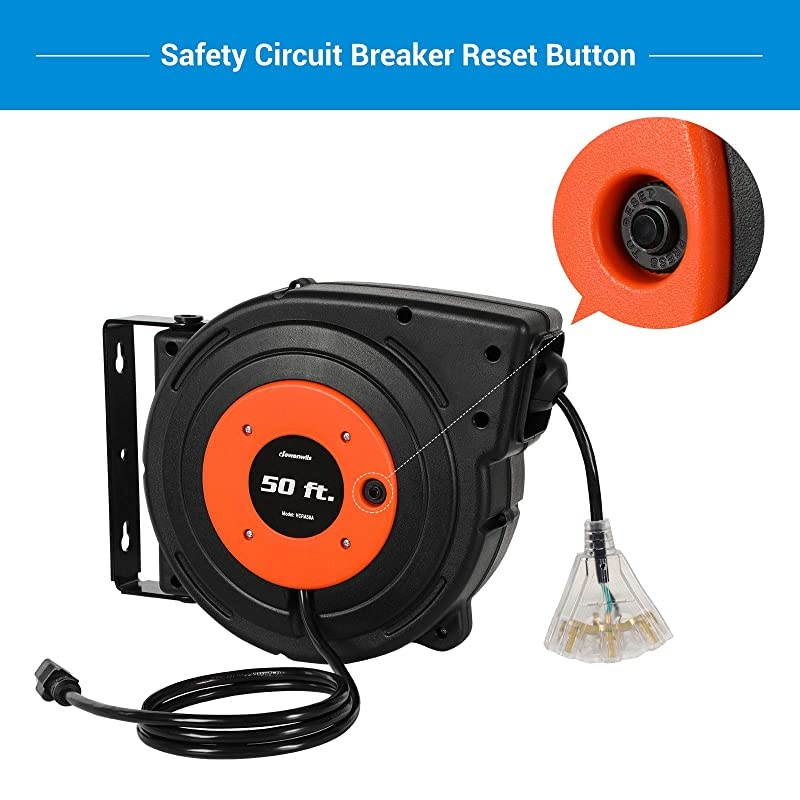 Retractable Extension Cord Reel 50 FT Heavy Duty Power Cord 14AWG3C SJTOW 3 Grounded Outlets Lighted Triple Tap 13 Amp Circuit Breaker UL Listed