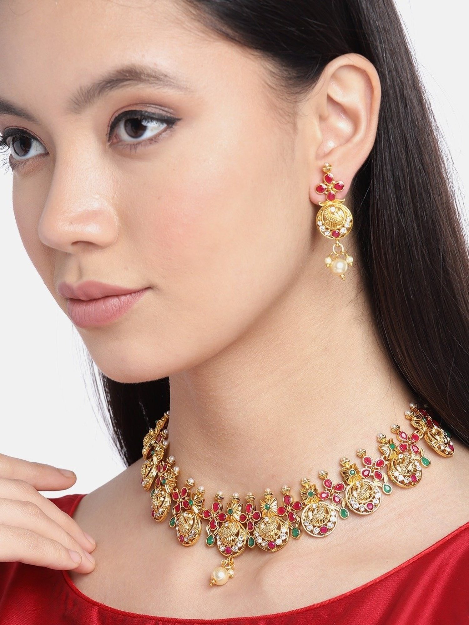 Zaveri Pearls Green & Pink Stones Peacock Inspired Pearls Choker Necklace & Earring Set-ZPFK9557