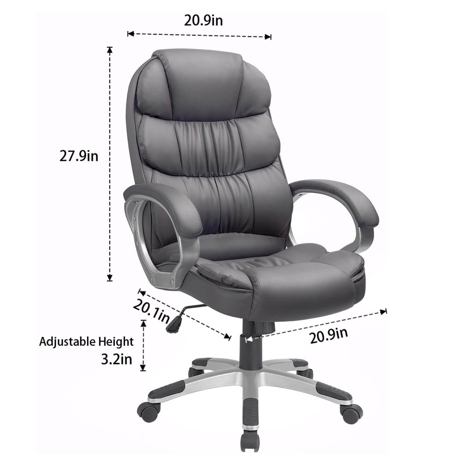 Furmax High Back Office Chair Adjustable Ergonomic Desk Chair with Padded Armrests, Executive PU Leather Swivel Task Chair with Lumbar Support (Grey)