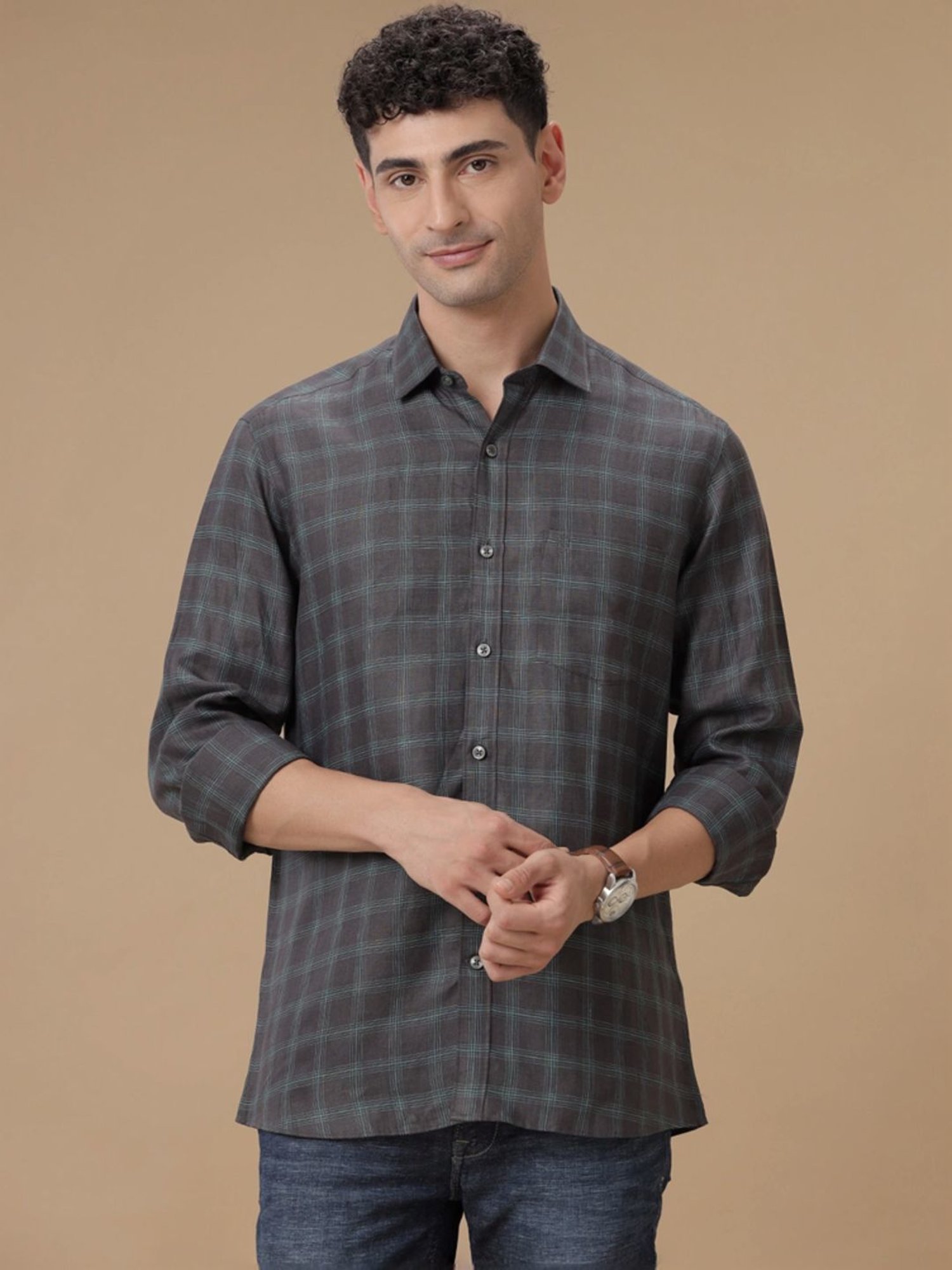 Linen Club Grey Linen Contemporary Fit Checks Shirt