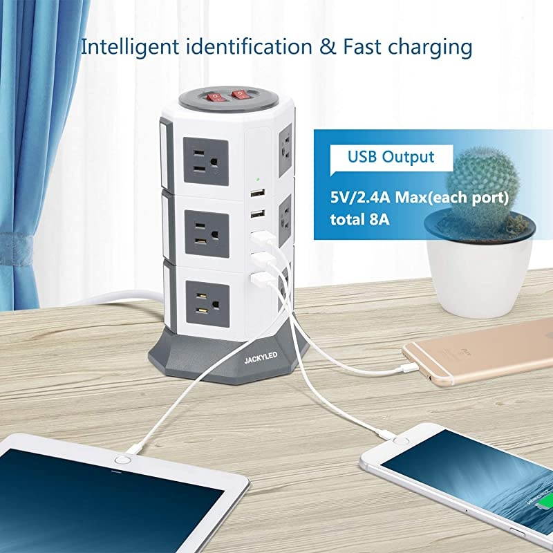 Surge Protector Power Strip Tower  12 AC Outlets 3000W 15A and 5 USB Slots 8A Desktop Smart Charging Station Multiple Protection Heavy Duty 65ft 14 AWG Cord White and Gray