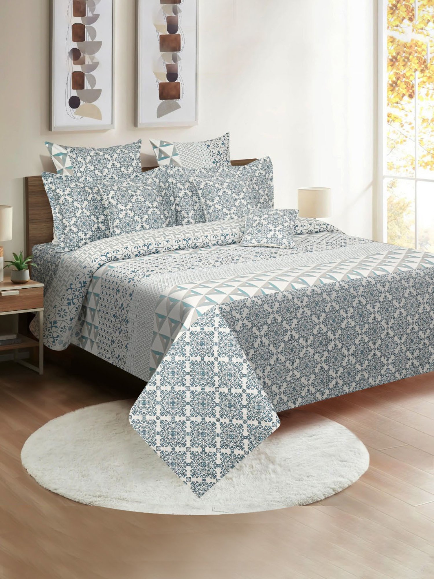 Swayam Abstract Blue & Grey 200 TC Cotton Double Bedding set