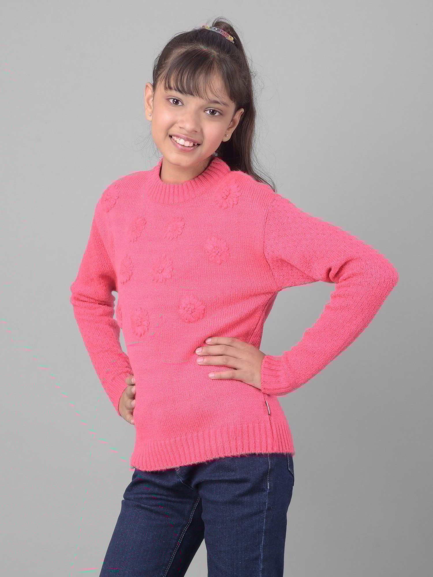 Crimsoune Club Kids Pink Self Design Full Sleeves Sweater