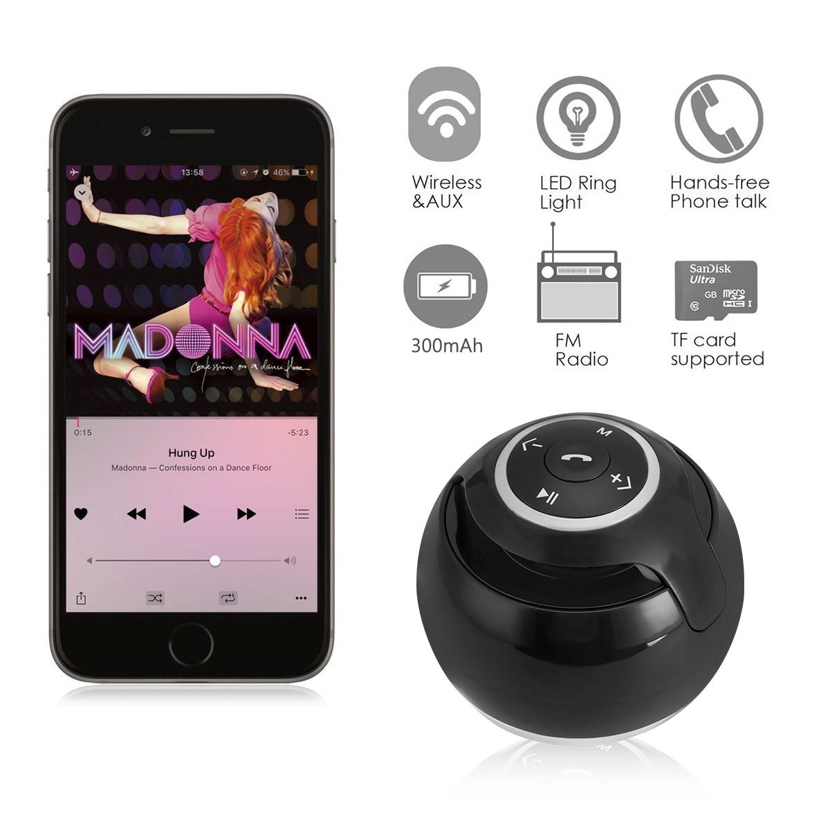 Wireless LED Mini Bluetooth Speaker Portable Super Bass Stereo USB/TF/FM Radio Black