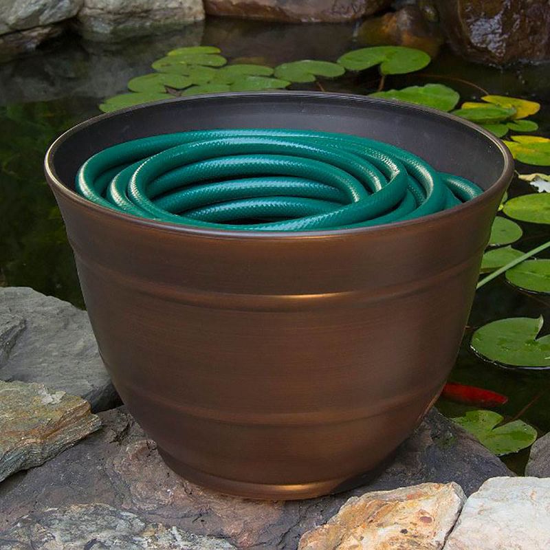 Liberty Garden LBG1924 Banded High Density Resin Hose Holder Pot with Drainage for Backyard, Garden, or Home, Bronze