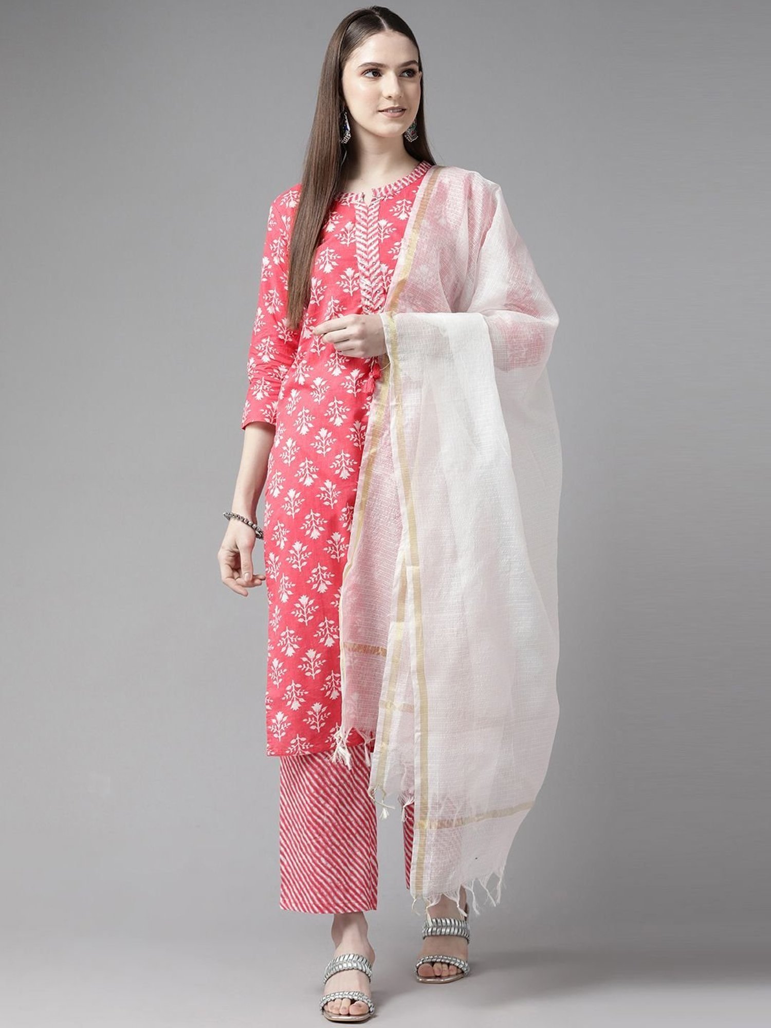 Prakrti Pink Cotton Printed Kurta Pant Set With Dupatta