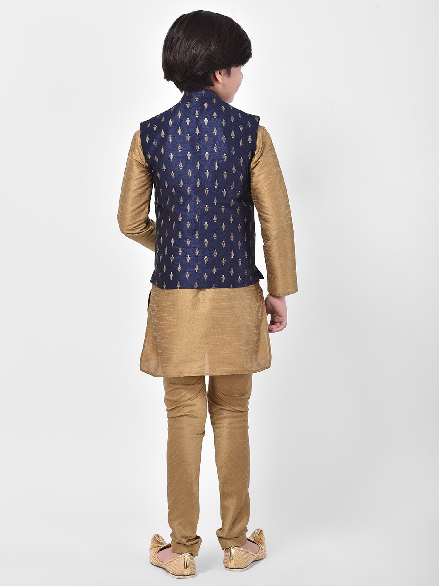 Deyann Kids Brown & Navy Self Design Full Sleeves Kurta, Churidar Pants with Nehru Jacket