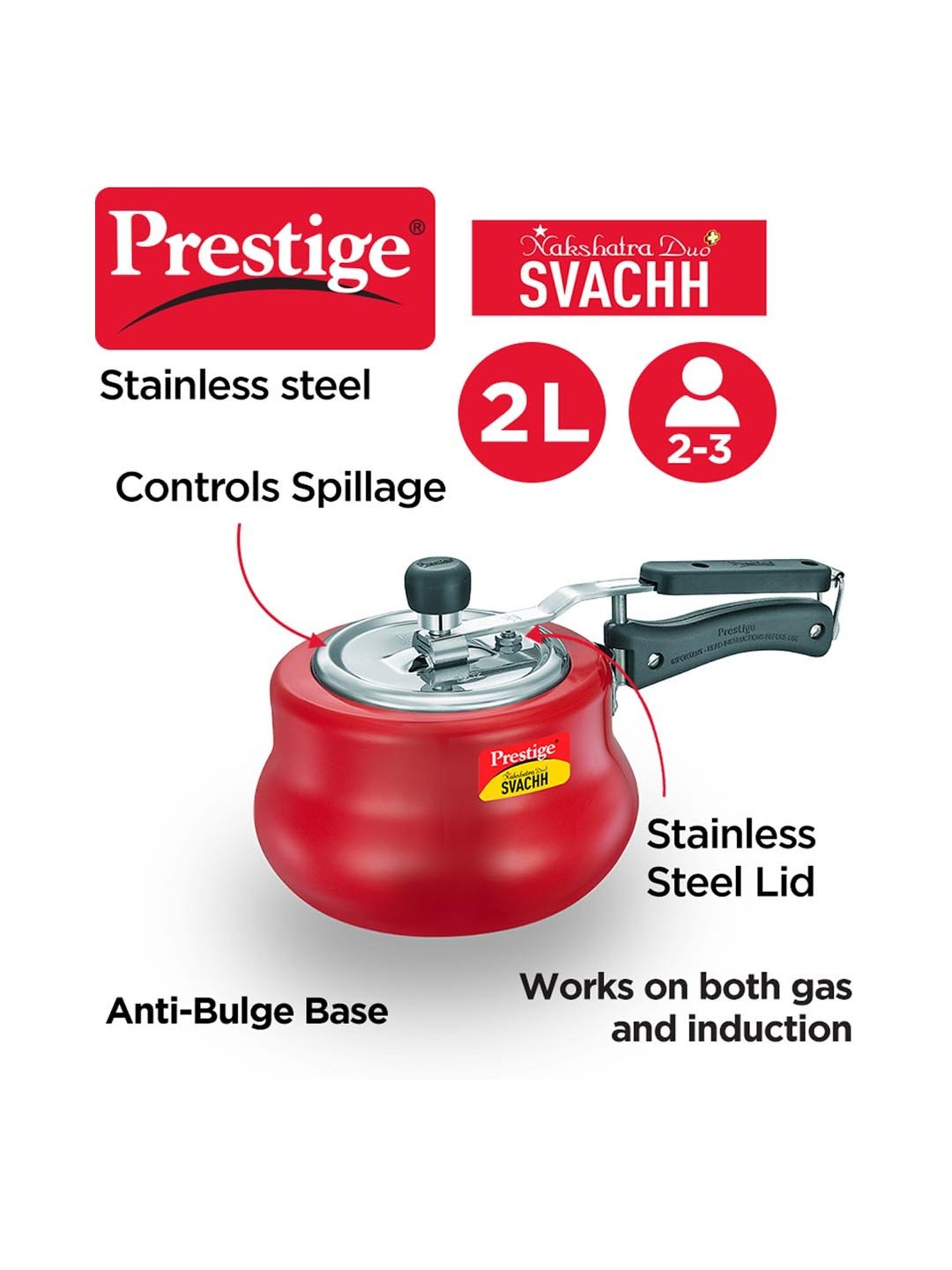 Prestige Nakshatra Duo Plus Svachh Red Pressure Cooker (2 L) - Set of 1