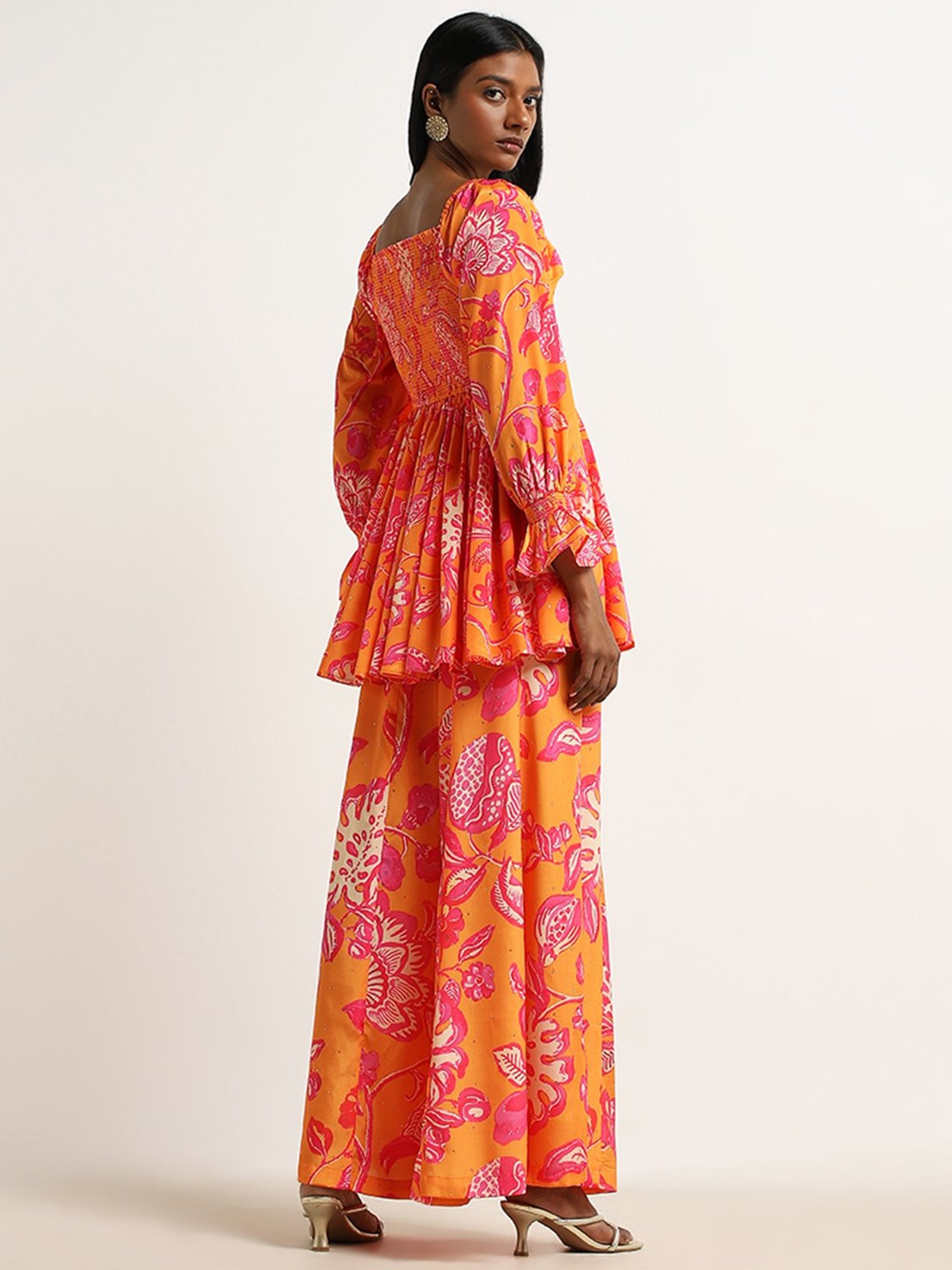 Vark by Westside Orange Floral Peplum Top Set