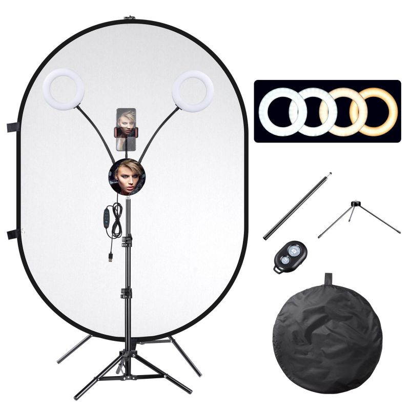 7.3 x 4.8Ft White Black Backdrop Stand 7" LED Ring Light Tripod for Video Live