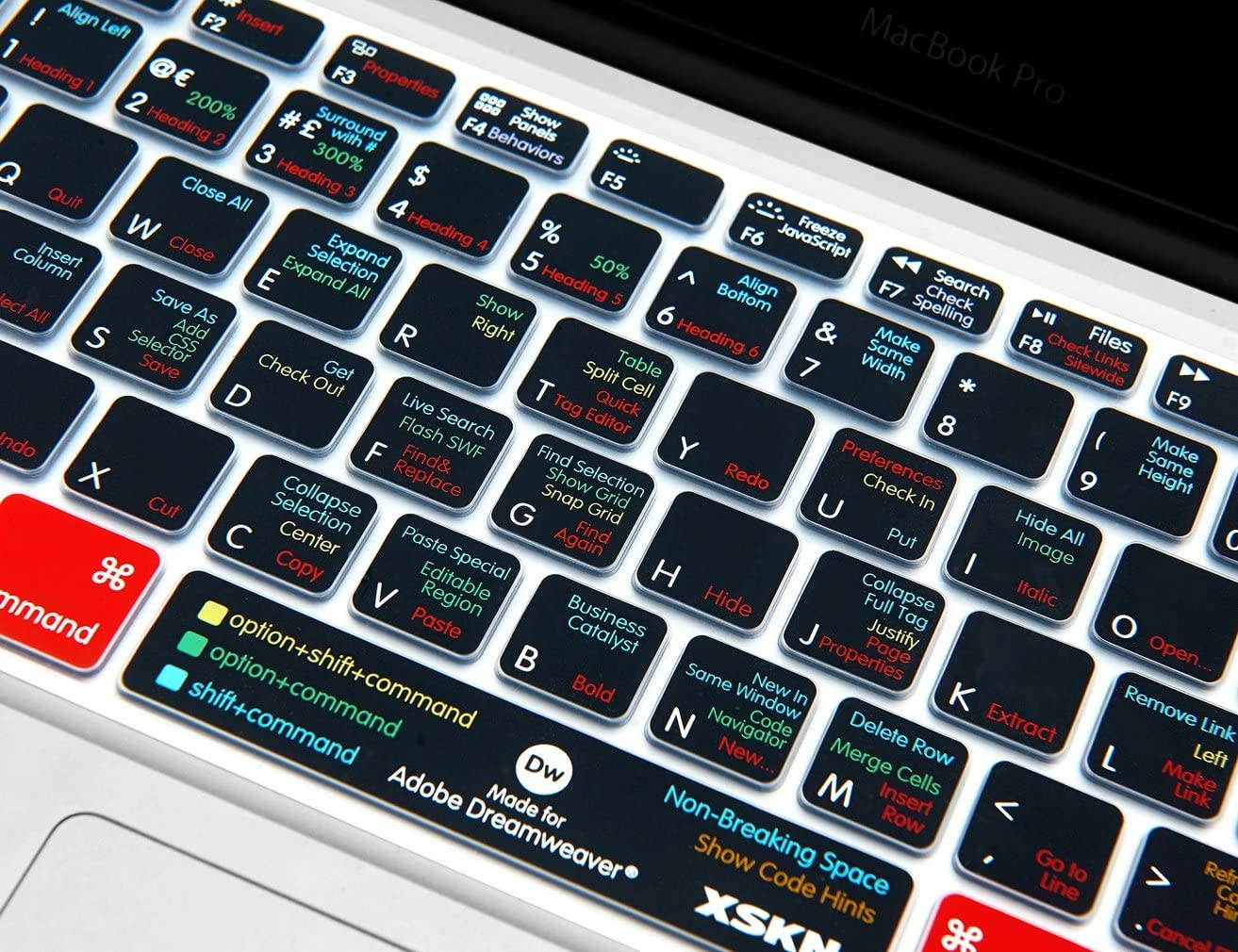 XSKN MacBook Shortcuts Design Series Adobe Hotkey MacBook Hot Keys Silicone Laptop Keyboard Skin Cover for MacBook 13" MacBook 13" 15" 17", US&European Layout (Dreamweaver)