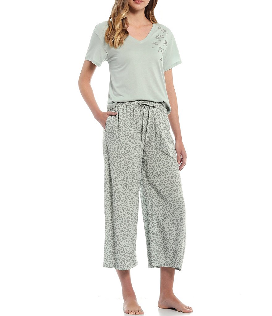 Jasmine & Ginger Animal Print Cropped Wide-Leg Woven Coordinating Sleep Pants