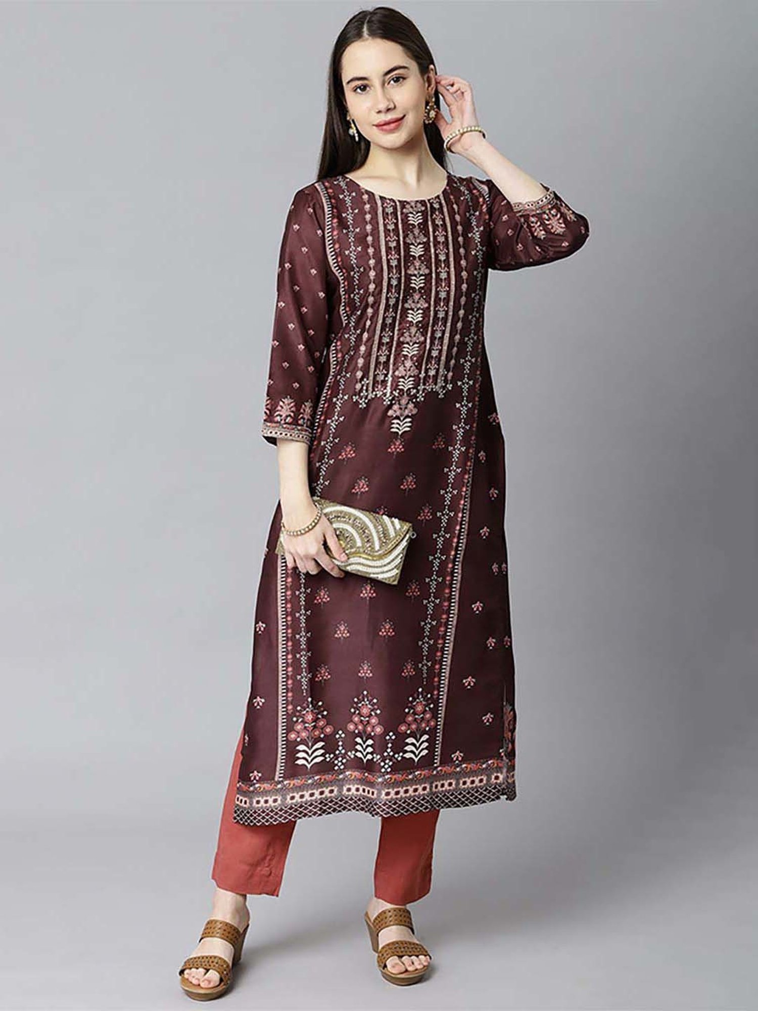 Kami Kubi Brown Printed Straight Kurta