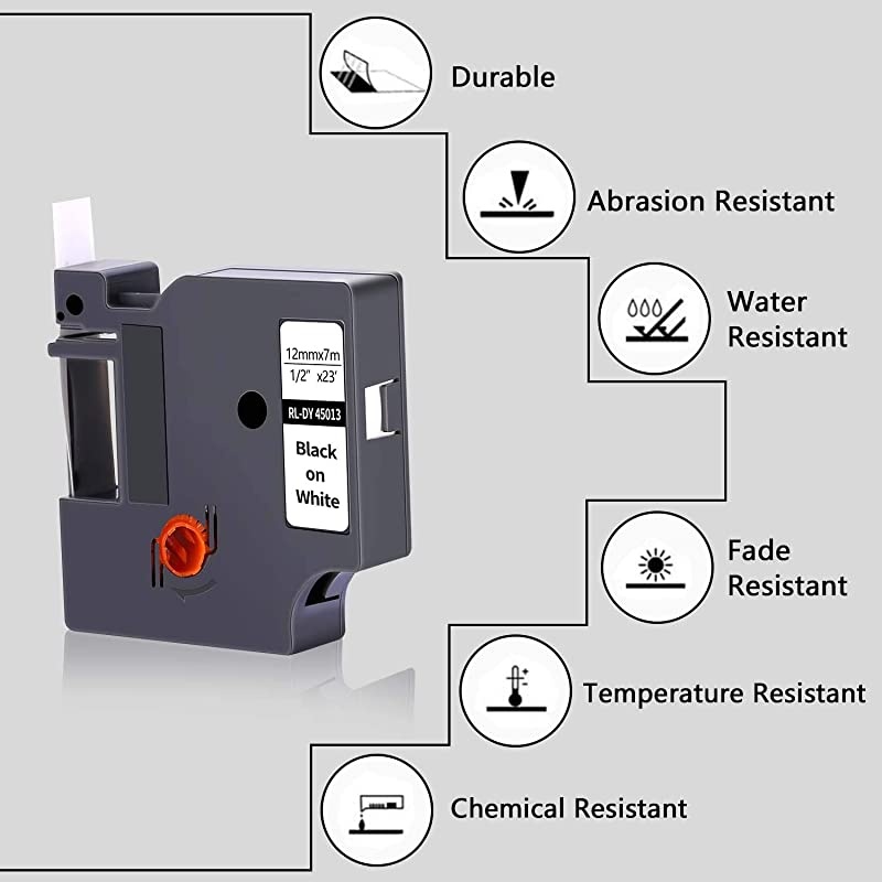 Compatible Label Tape Replace Dymo D1 Labels Tape 45013 S0720530 Refill for DYMO LabelManager 160 210D 260P 280 360D 420P 450D Label Maker,1/2 Inch x 23 Feet (12mm x 7m) Black on White, 4-Pack