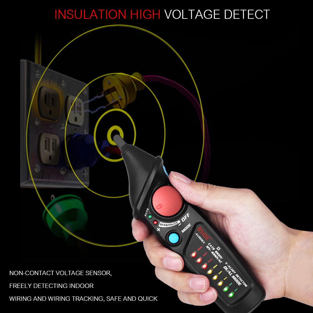 BSIDE Non-contact AC Voltage Tester Pen Shaped V~Alert Detector Auto/Manual Dual Mode NCV Tester Live Wire Check with Adjustable Sensitivity Sound and Light Alarm