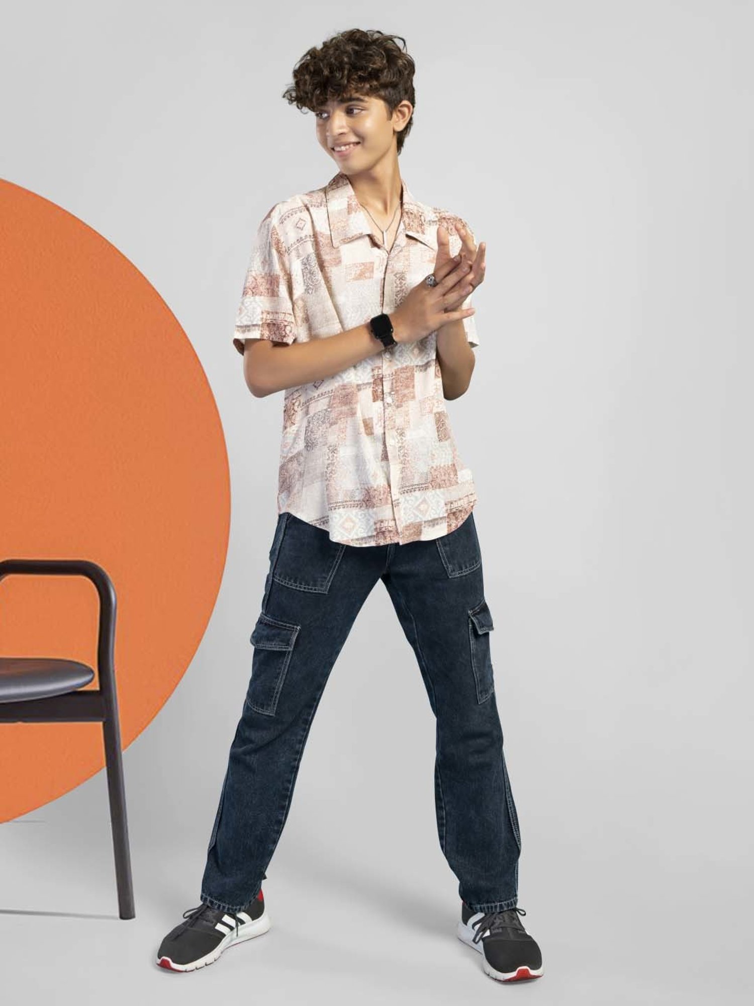 TeenTrums Kids Brown & White Cotton Printed Shirt