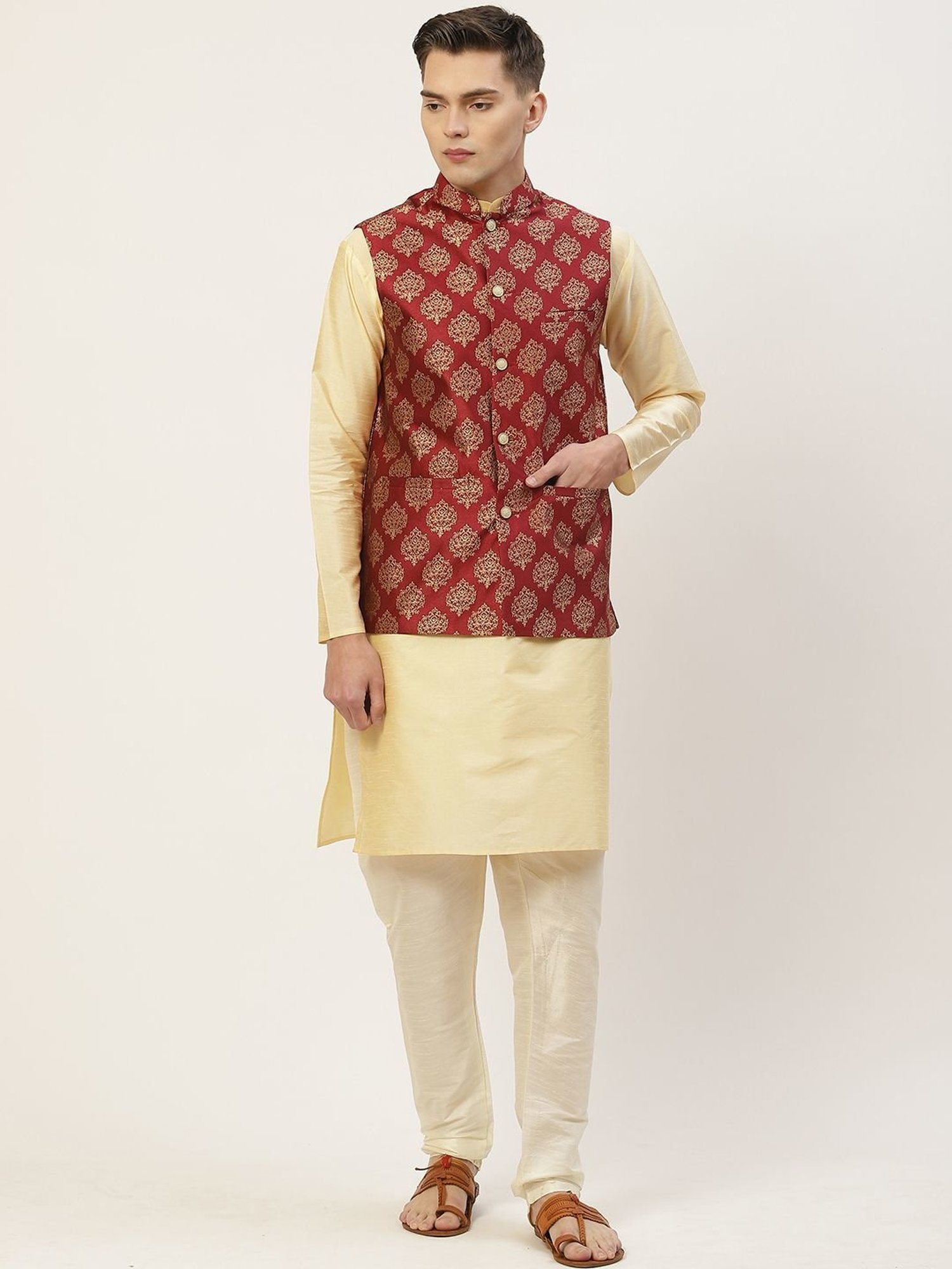 Jompers Maroon Regular Fit Printed Nehru Jacket