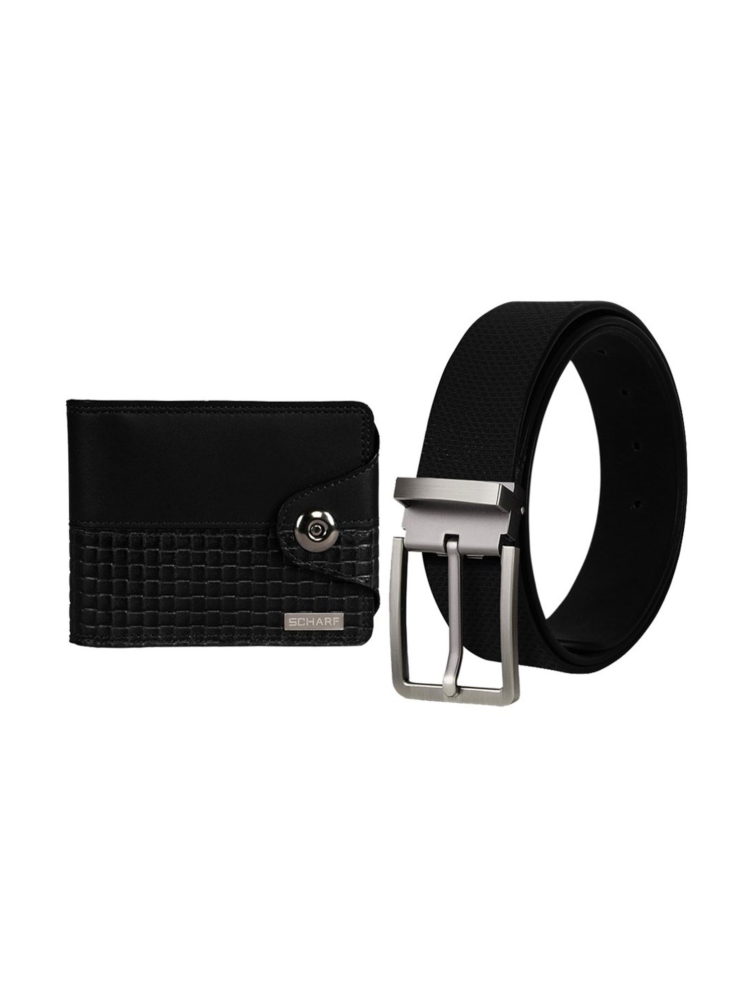 Scharf Black Leather Set Of Waist Belt And Wallet For Men