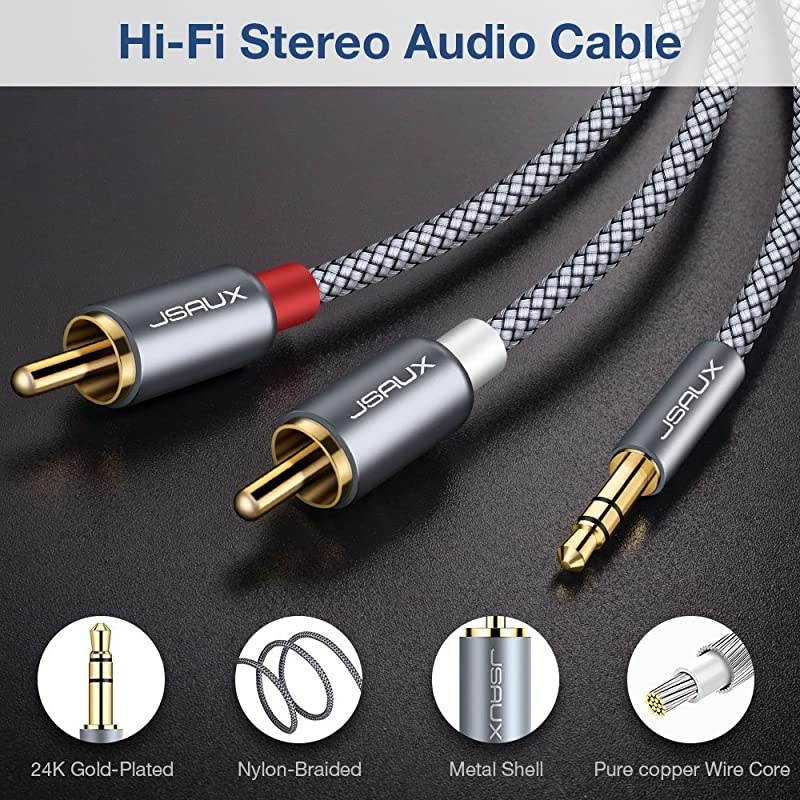RCA Cable 66ft2M Dual Shielded GoldPlated 35mm Male to 2RCA Male Stereo Audio Adapter Coaxial Cable Nylon Braided AUX RCA Y Cord for Smartphones MP3 Tablets Speakers HDTV Grey