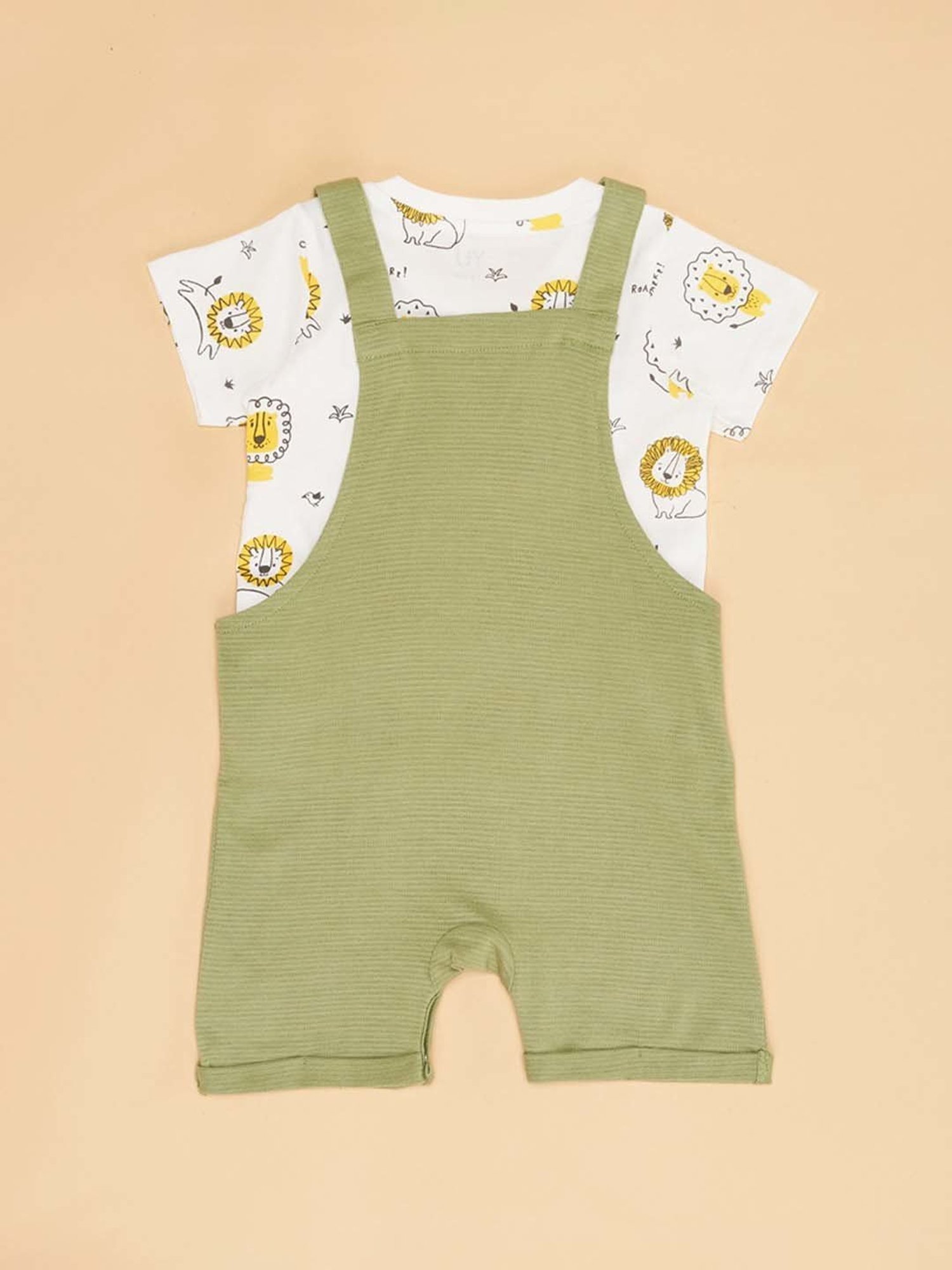 YU by Pantaloons Kids Olive & White Cotton Printed Dungaree Set