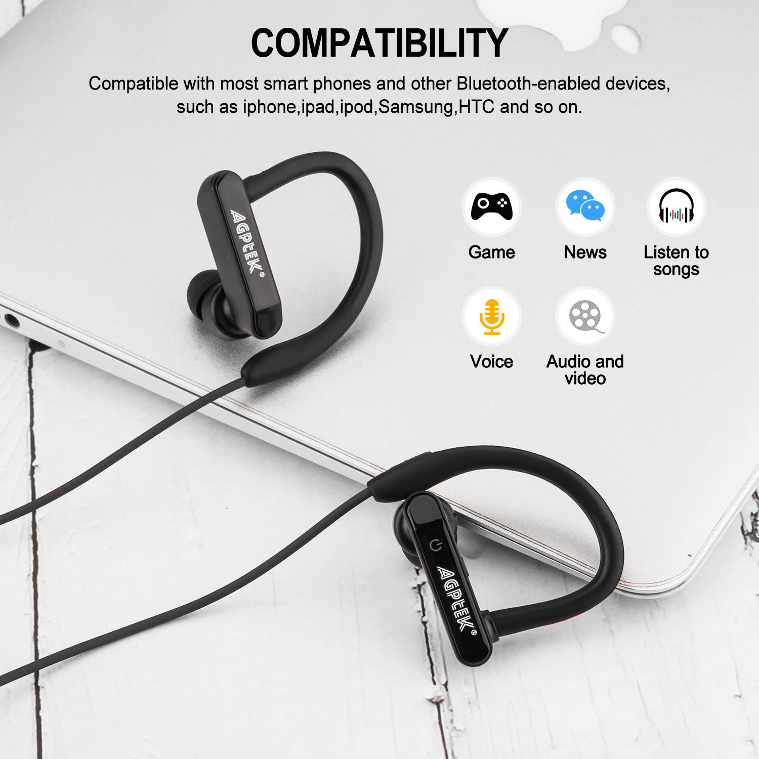AGPtek Waterproof Bluetooth Earbuds Beats Sports Wireless Headphones in Ear Headsets