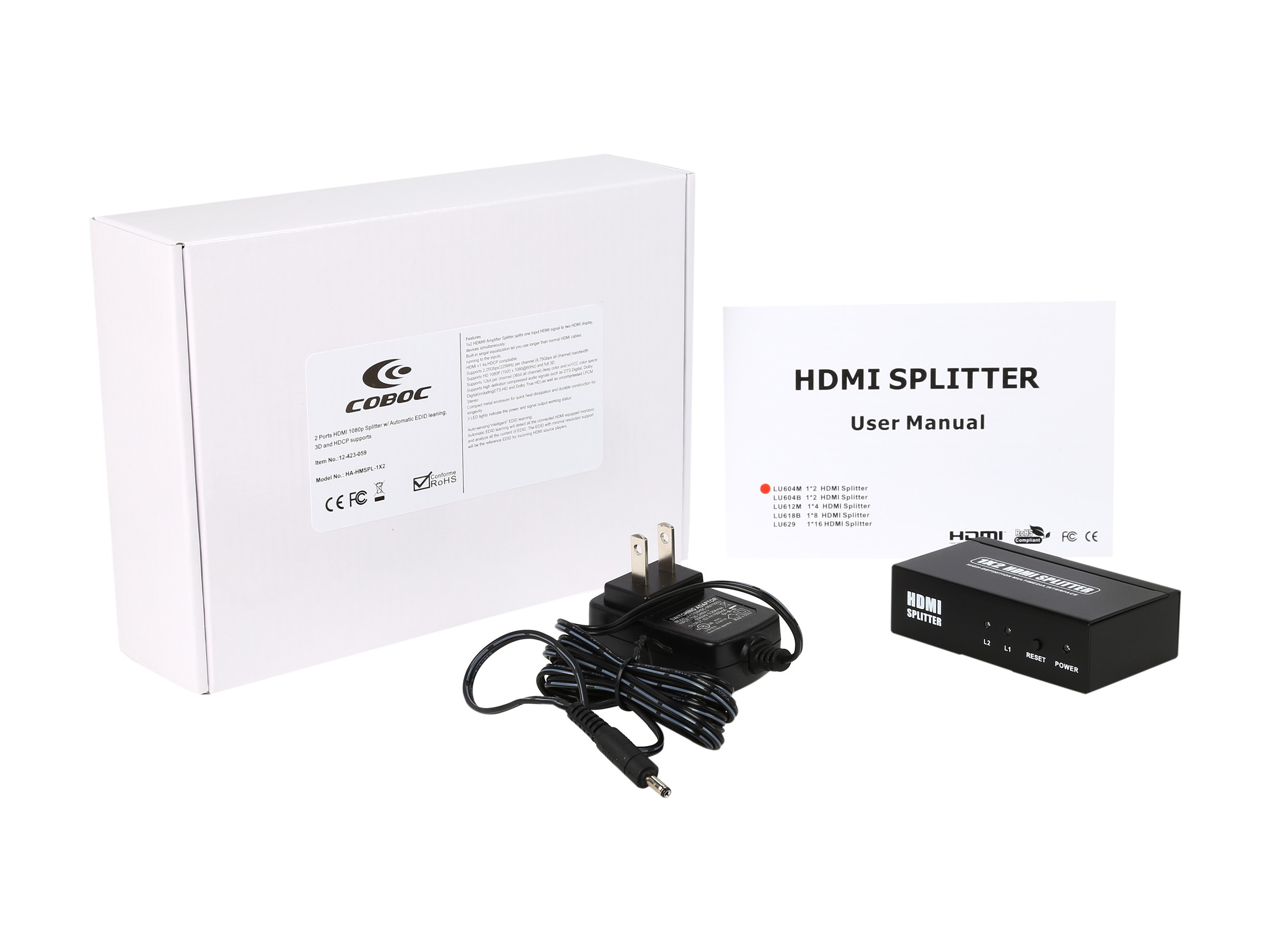 Coboc HA-HMSPL-1X2 2 Ports 1 x 2 HDMI Amplified Powered Splitter/Signal Distributor w/ 3D HDCP 1080P Support