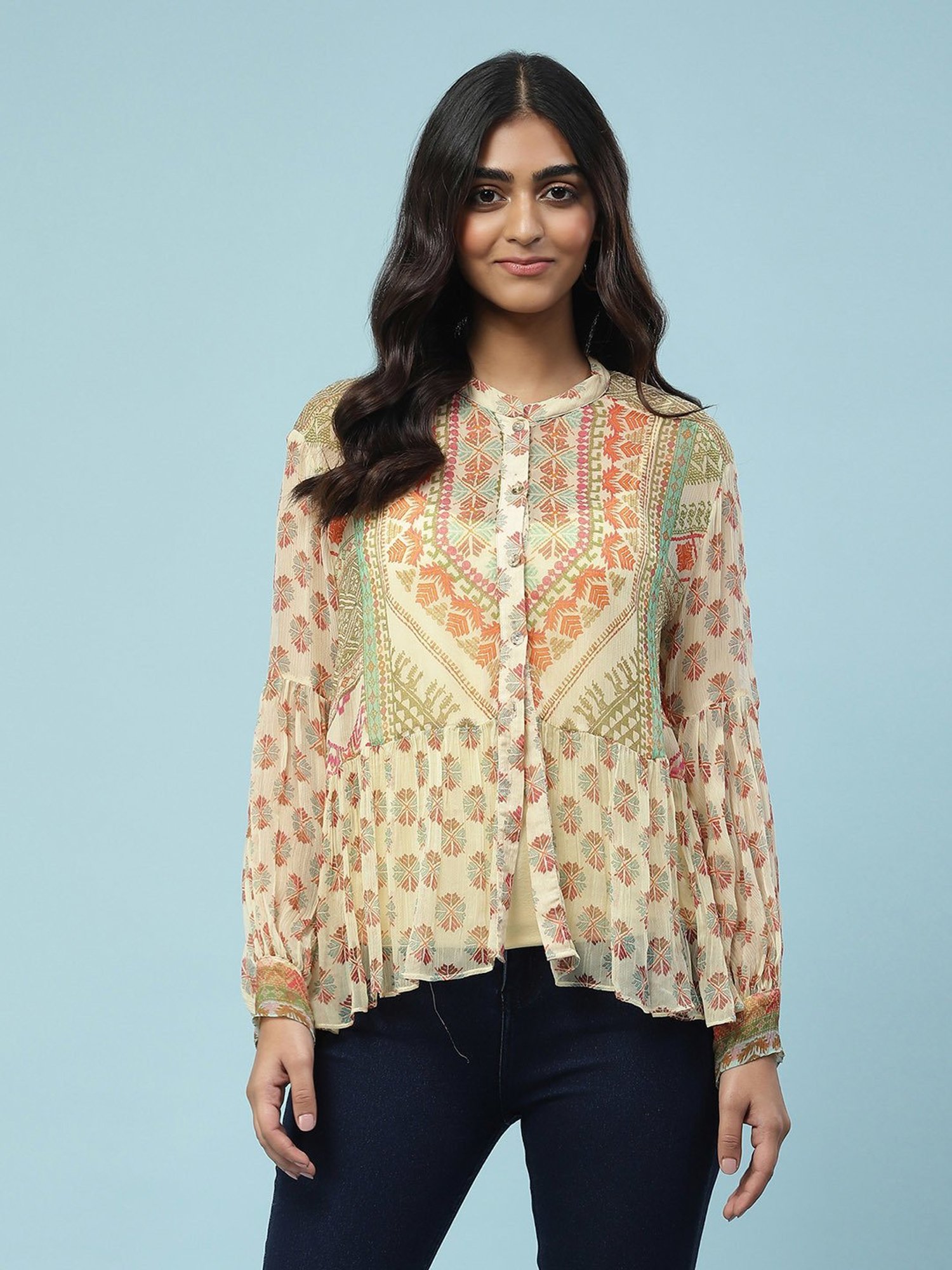 aarke Ritu Kumar Beige Geometric Print Top With Camisole