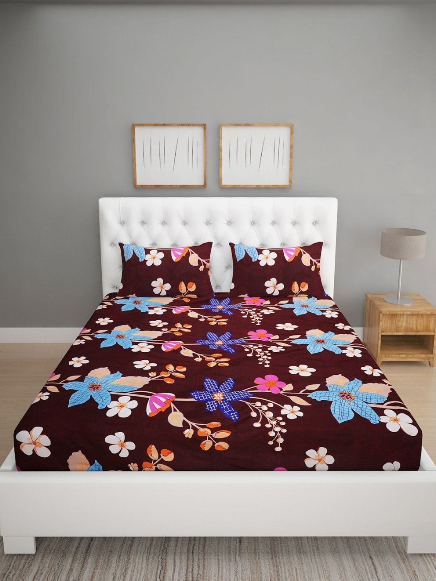 Romee Floral Maroon 144 TC Cotton Queen Sized Bed Sheet with 2 Pillow Covers