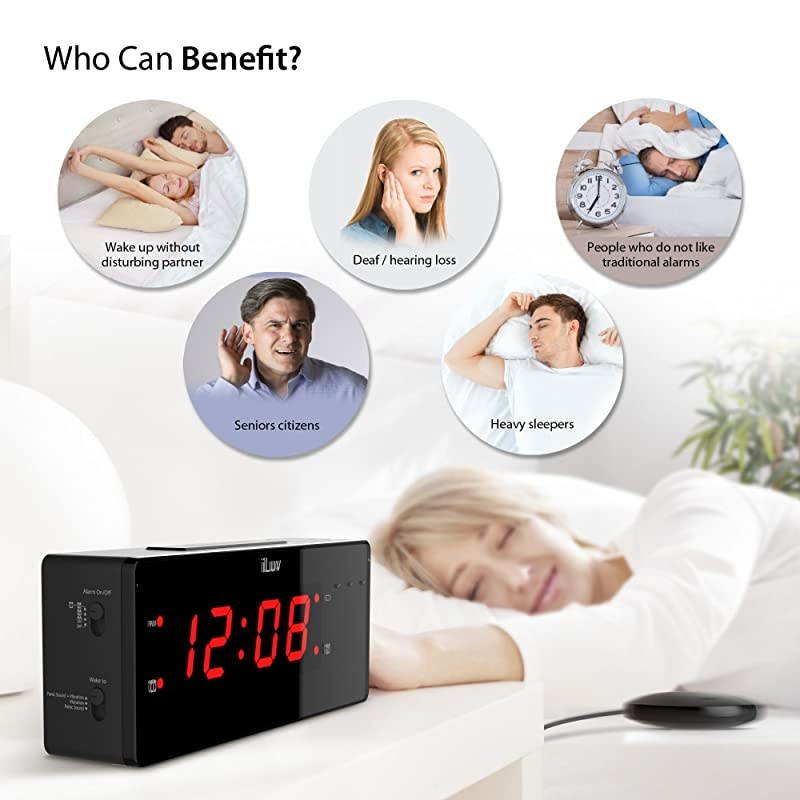 Time Shaker Wow Vibrating Bed Shaker Alarm Clock for Heavy Deep Sleepers LED Display Super Loud Panic Alert Flashing Red Alert Light Multiple Vibration Levels Dual Alarm USB Charging Port