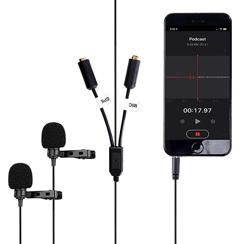 Professional Lavalier Lapel Clipon Interview Podcast Microphone with Secondary Mic and Headphone Monitoring Input for iPhone iPad Samsung Android Smartphones Tablets Podcast Equipment
