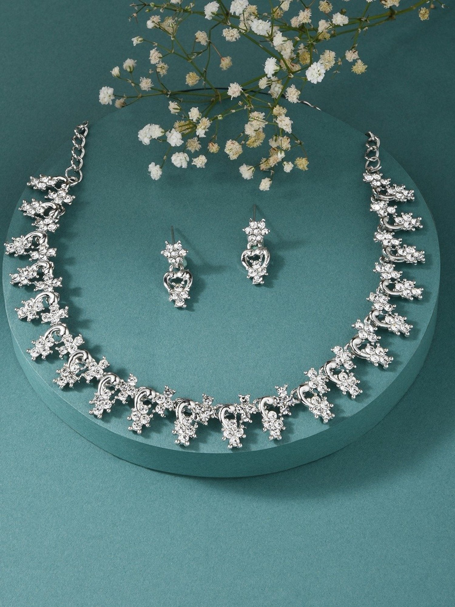 ToniQ Stylish Silver-Plated American Dimond Floral Necklace & Earring Set for Women