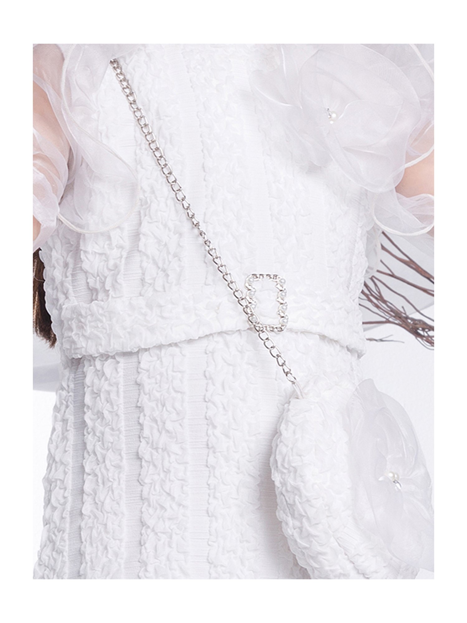 Peppermint Kids White Textured Dress, Belt with Sling Bag