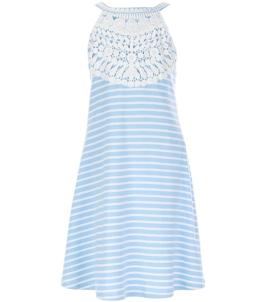 Rare Editions Big Girls 7-16 Short-Sleeve Shrug & Lace-Yoke Striped Shift Dress Set