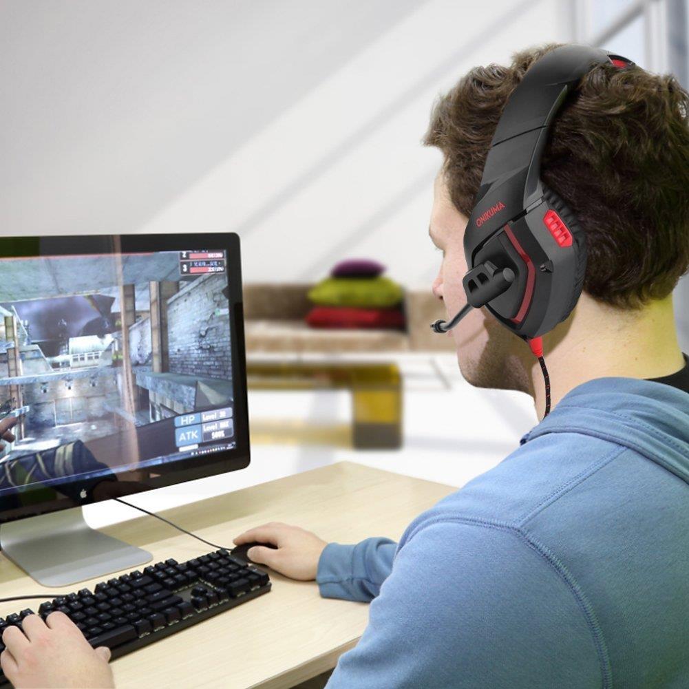 ONIKUMA K1-B Pro Red Over-Ear Surround Sound Noise Cancelling Gaming Headset Microphone Bundle with Headphone Stand for PC, Xbox One, PS4, Nintendo Switch, Mac, Desktop, Laptop, Computer