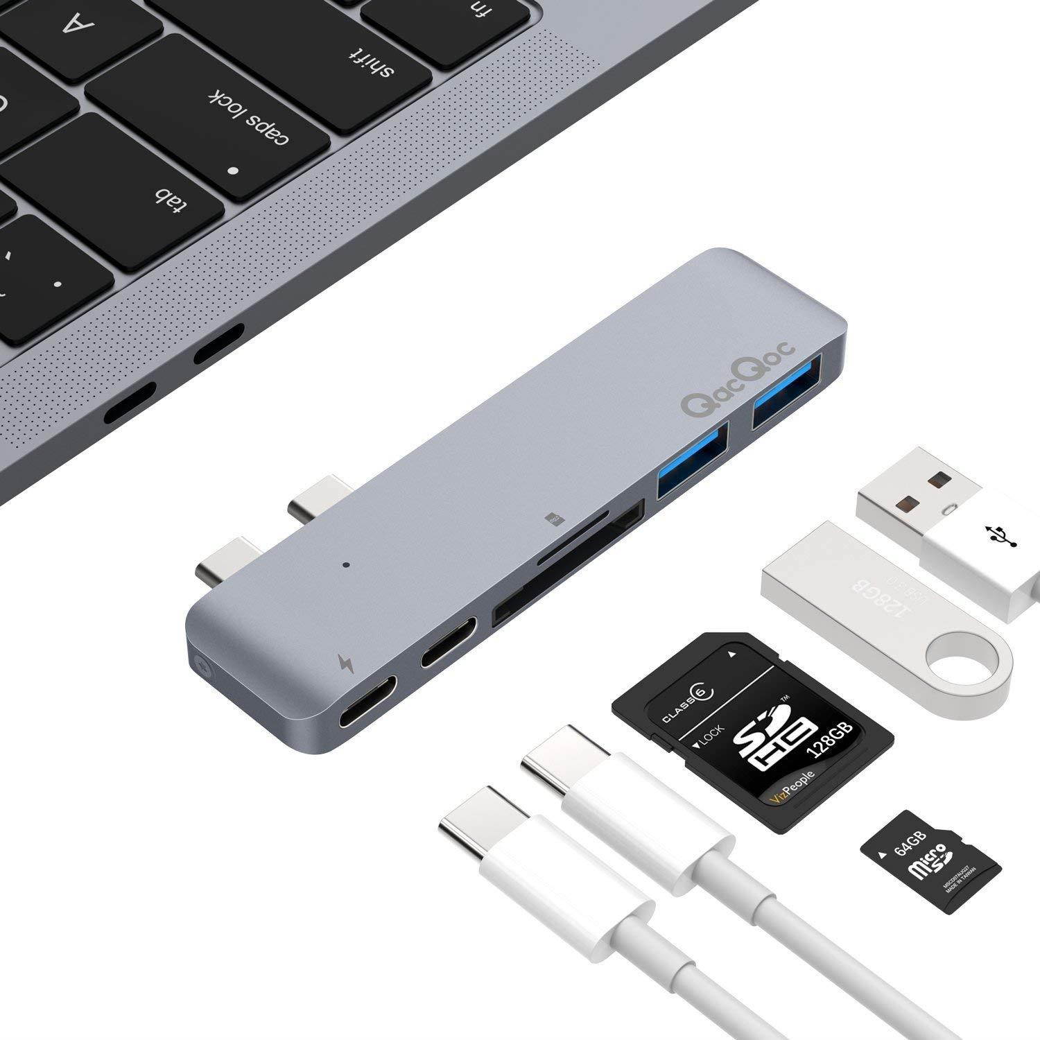 QacQoc USB C Hub, Aluminum USB Type-C Adapter with 40Gbs Thunderbolt 3,Type C Data Transfer,SD/Micro Card Reader and 2 USB 3.0 Ports,Compatible with 2016/2017/2018 MacBook Pro 13" and 15" (28A Grey)