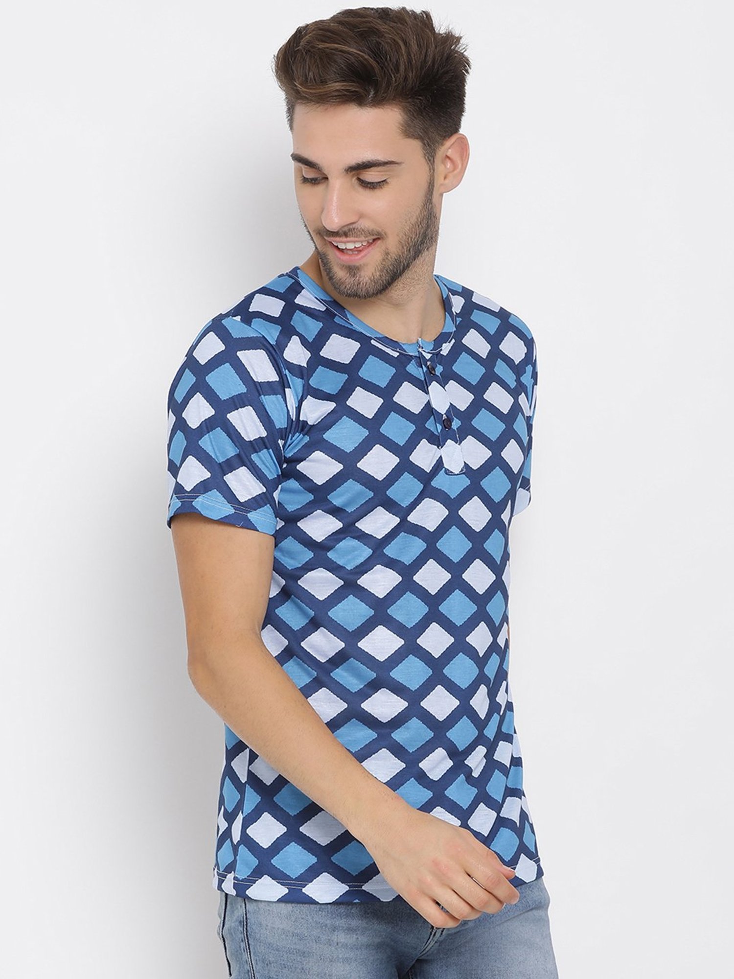 Hangup Plus White & Blue Regular Fit Printed Henley T-Shirt