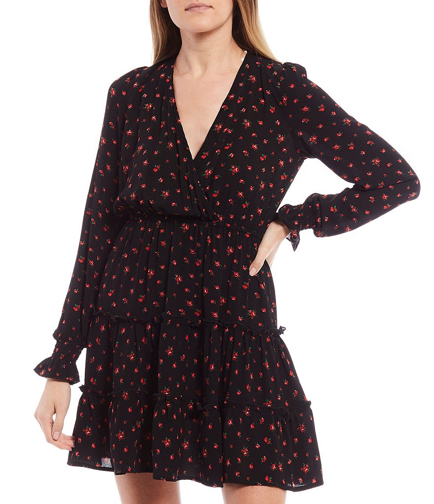 Allison & Kelly Long-Sleeve Ditsy Floral Print Tiered Faux-Wrap Dress