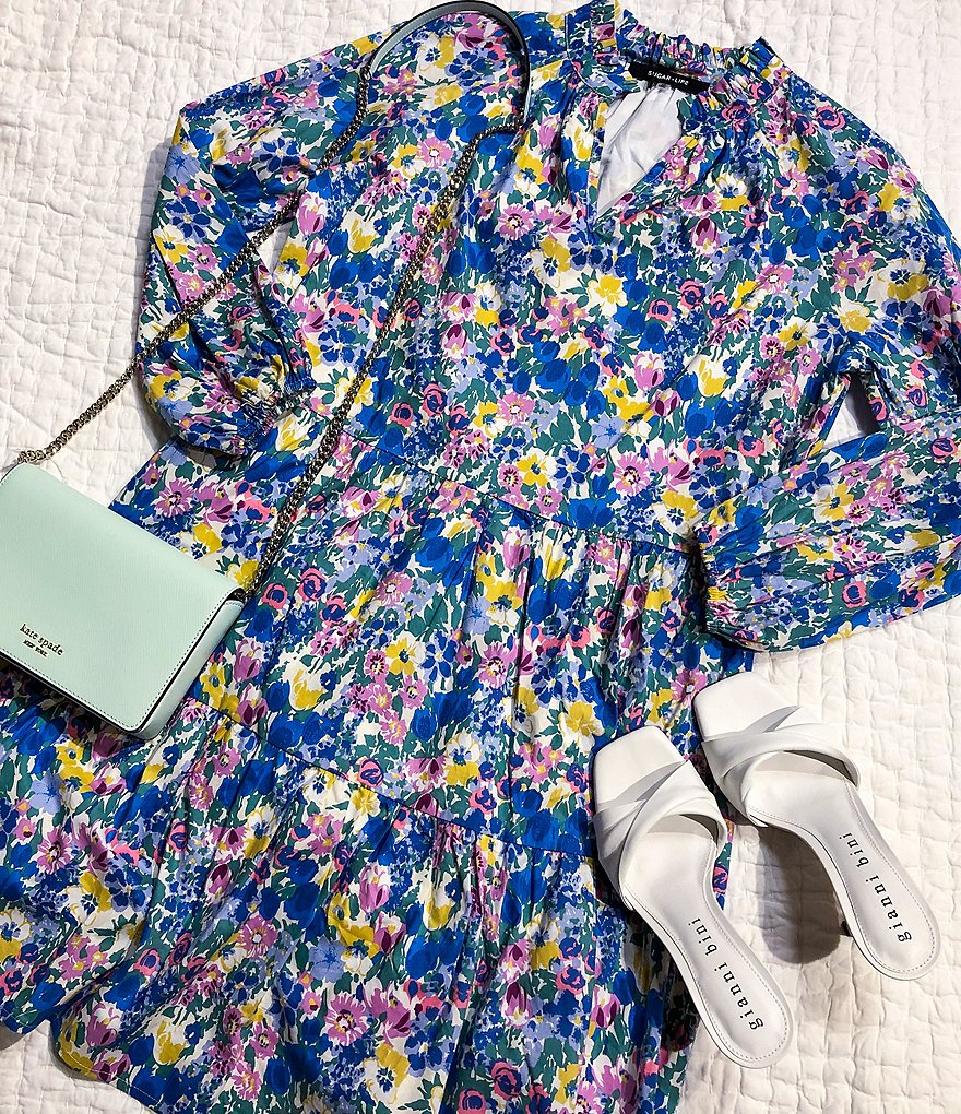 Sugarlips Floral Print Frill Stand Collar Split-Neck Long Sleeve Tiered Dress