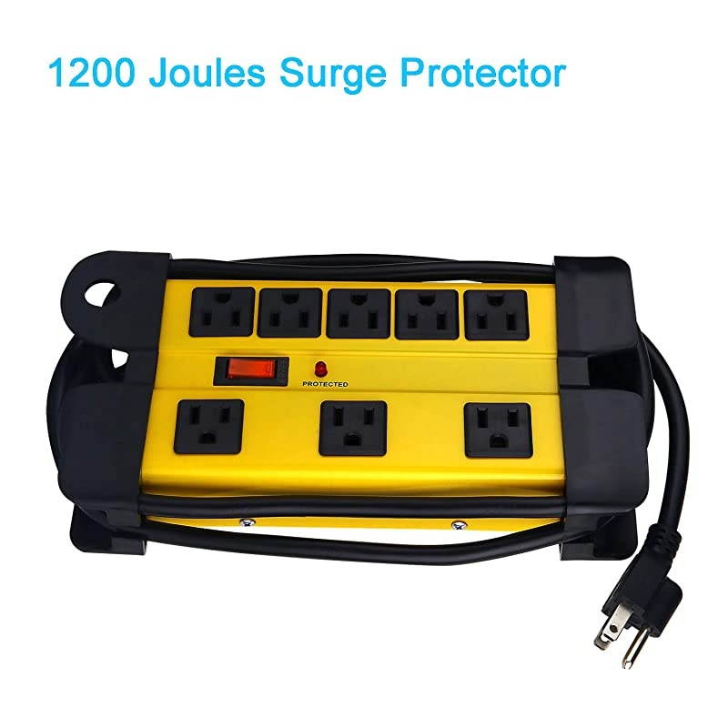 Duty Power Strip Surge Protector 8 Outlet Industrial Power Strip with 15A Shop Workshop Garden Metal Power Strip with 6FT Cord 1200 Joules ETL Listed