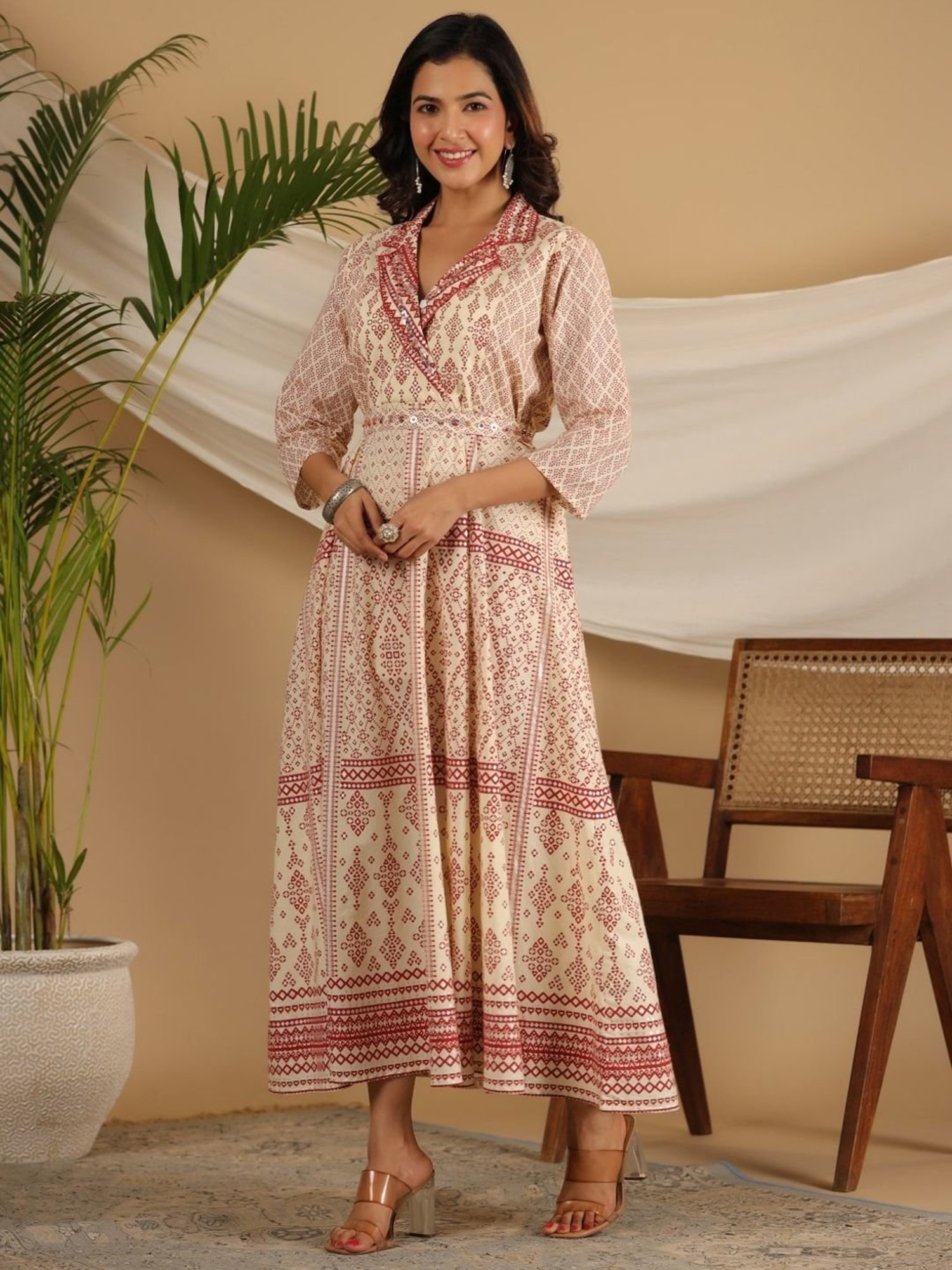 Juniper  Ivory Cotton Geometric Printed Fit & Flare Maxi Dress With Contrast Beads & Sequins