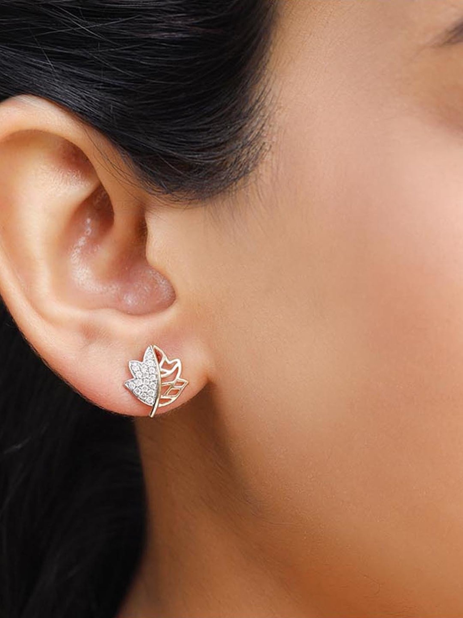 Mia by Tanishq Nature's Finest 14k Gold Maple Magic Diamond Stud Earrrings for Women