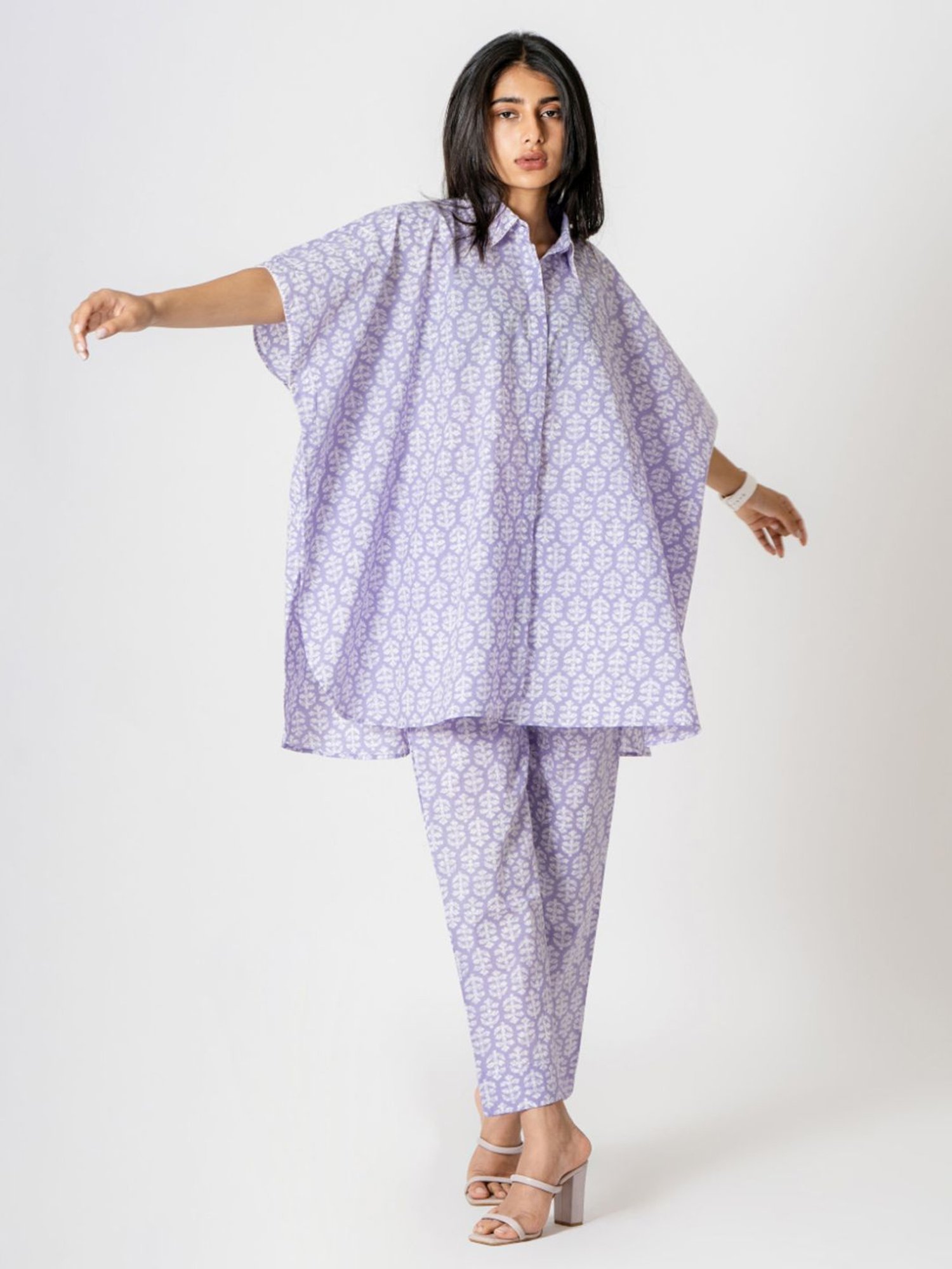 Kameez by Pooja Pale Lilac Capsule 24 Hand Print Cotton Kaftan and Pant Co-ord Set