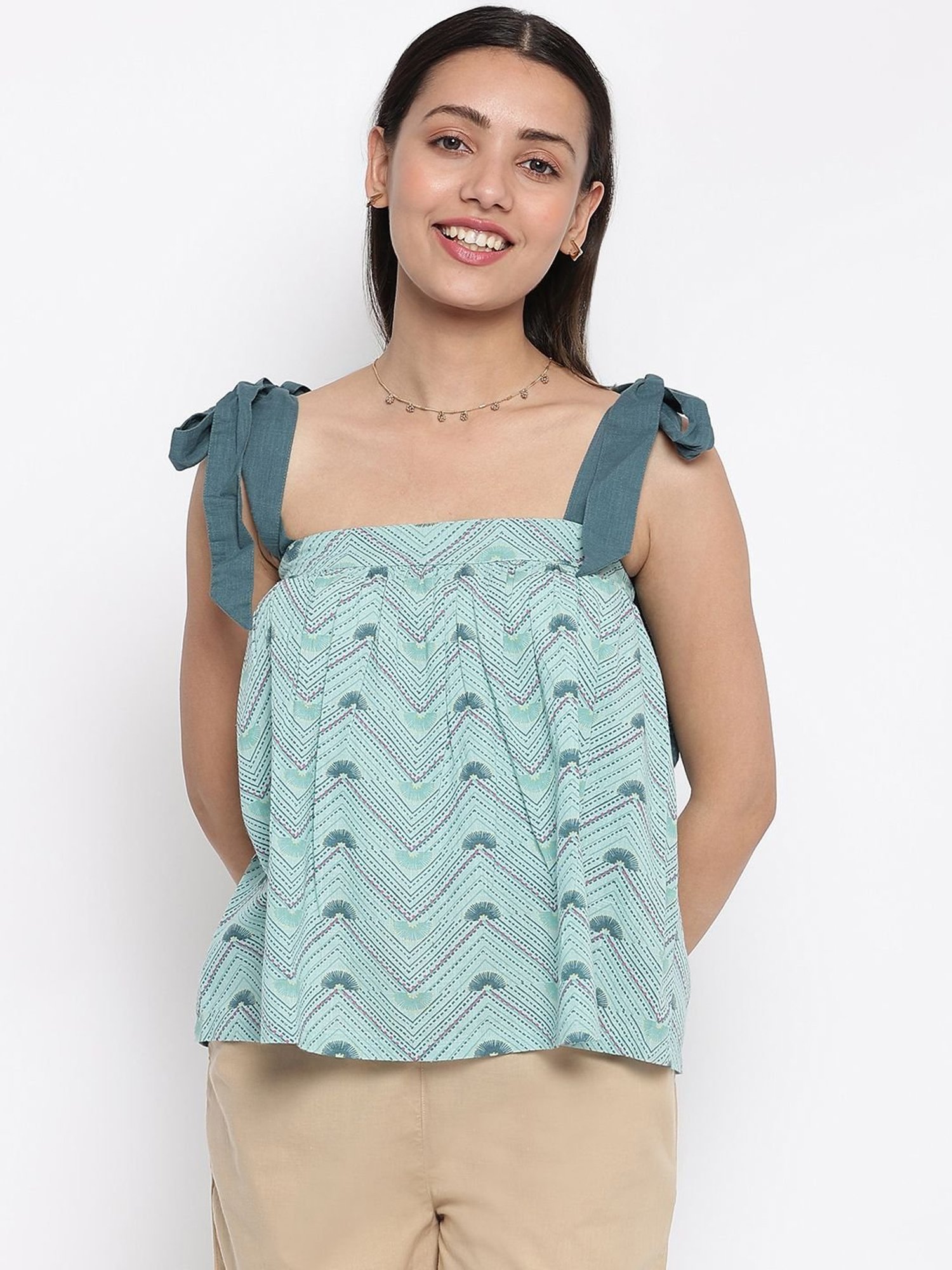 Fabindia Green Cotton Printed Top