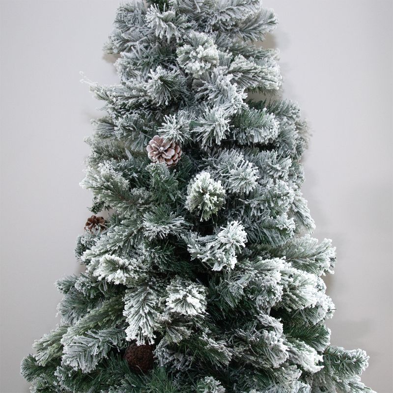 Home Heritage 5 Foot Snow Flocked Half Pine Prelit Artificial Christmas Tree with Pinecones, Warm White LED Lights, On/Off Foot Pedal, and Metal Stand