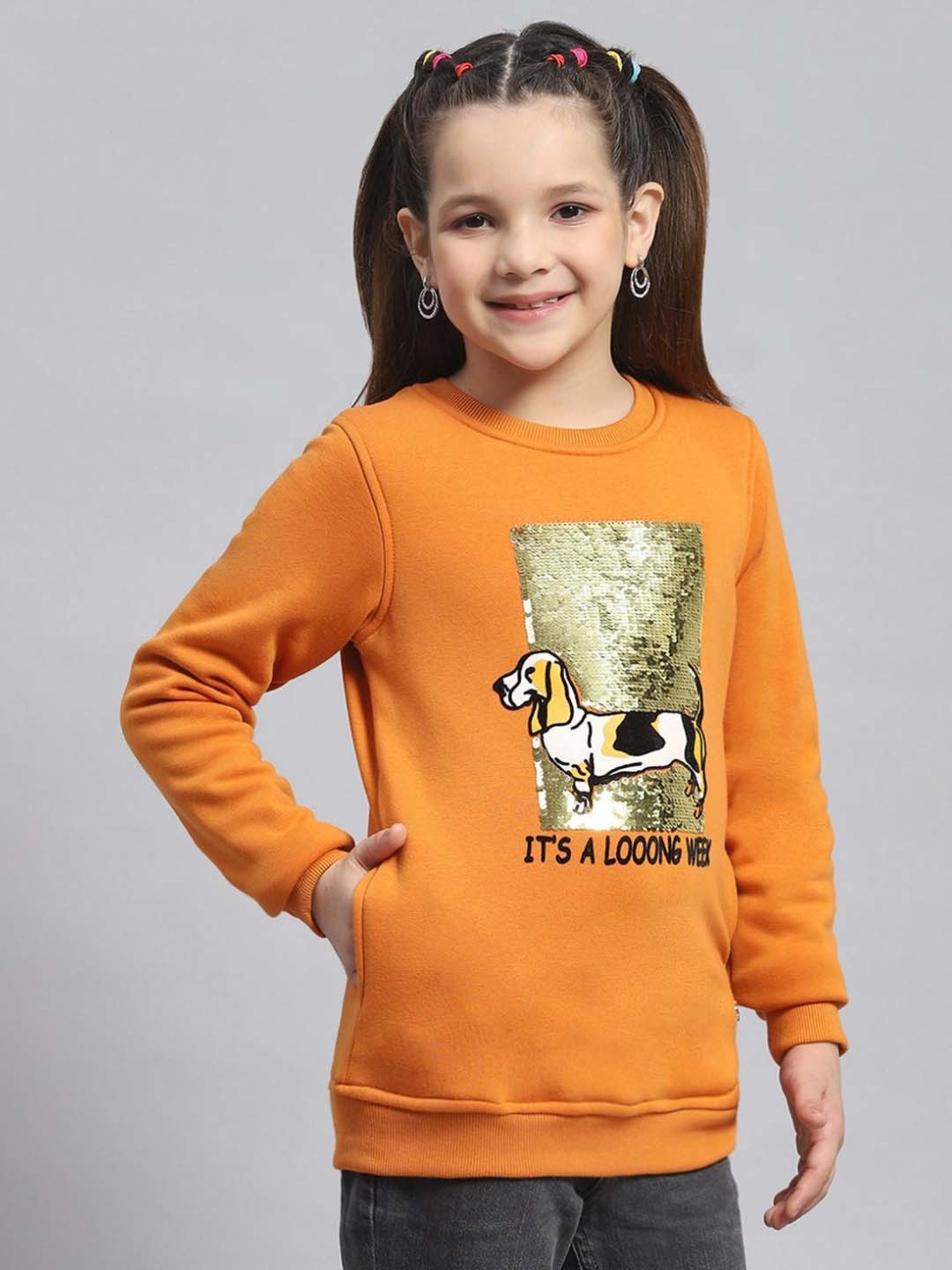 Monte Carlo Kids Orange Embellished Full Sleeves Sweatshirt