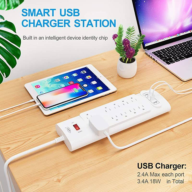 Power Strip with USB Ports  Surge Protector with 10 AC Outlets and 4 USB Charging Ports1625W13A 2100 Joules 6 Feet Long Extension Cord for Smartphone Tablets HomeOffice Hotel White