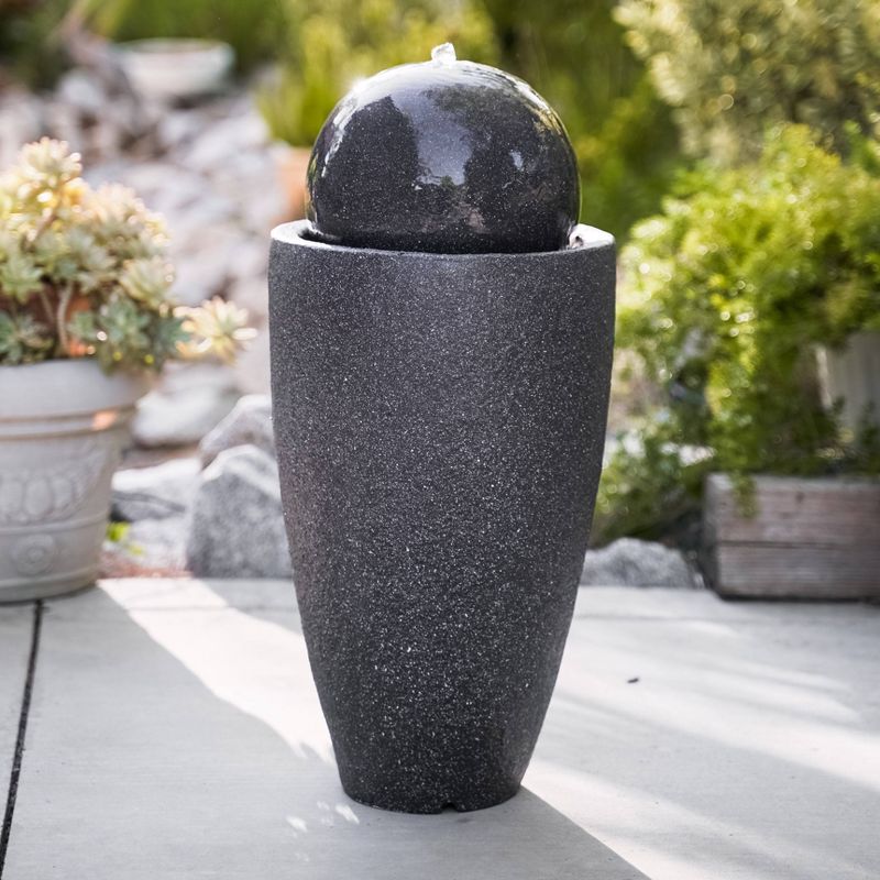 25.6" Indoor/Outdoor Round Modern Stone Textured Water Fountain with LED Lights Black - XBrand