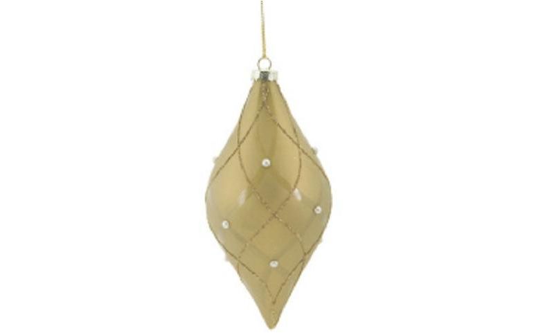 Melrose 6.5" Matte Shiny Glittered Contoured Plaid Pearl Glass Onion Drop Christmas Ornament - Taupe Brown/Gold